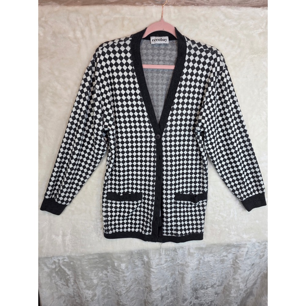 Eccobay Vintage Black White Checkered Diamond Knit Cardigan Sweater Womens Small